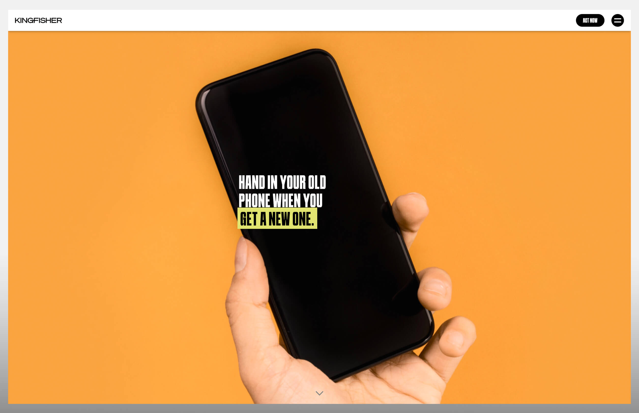 a hand holding a mobile screen with a black screen on an orange background with text on top