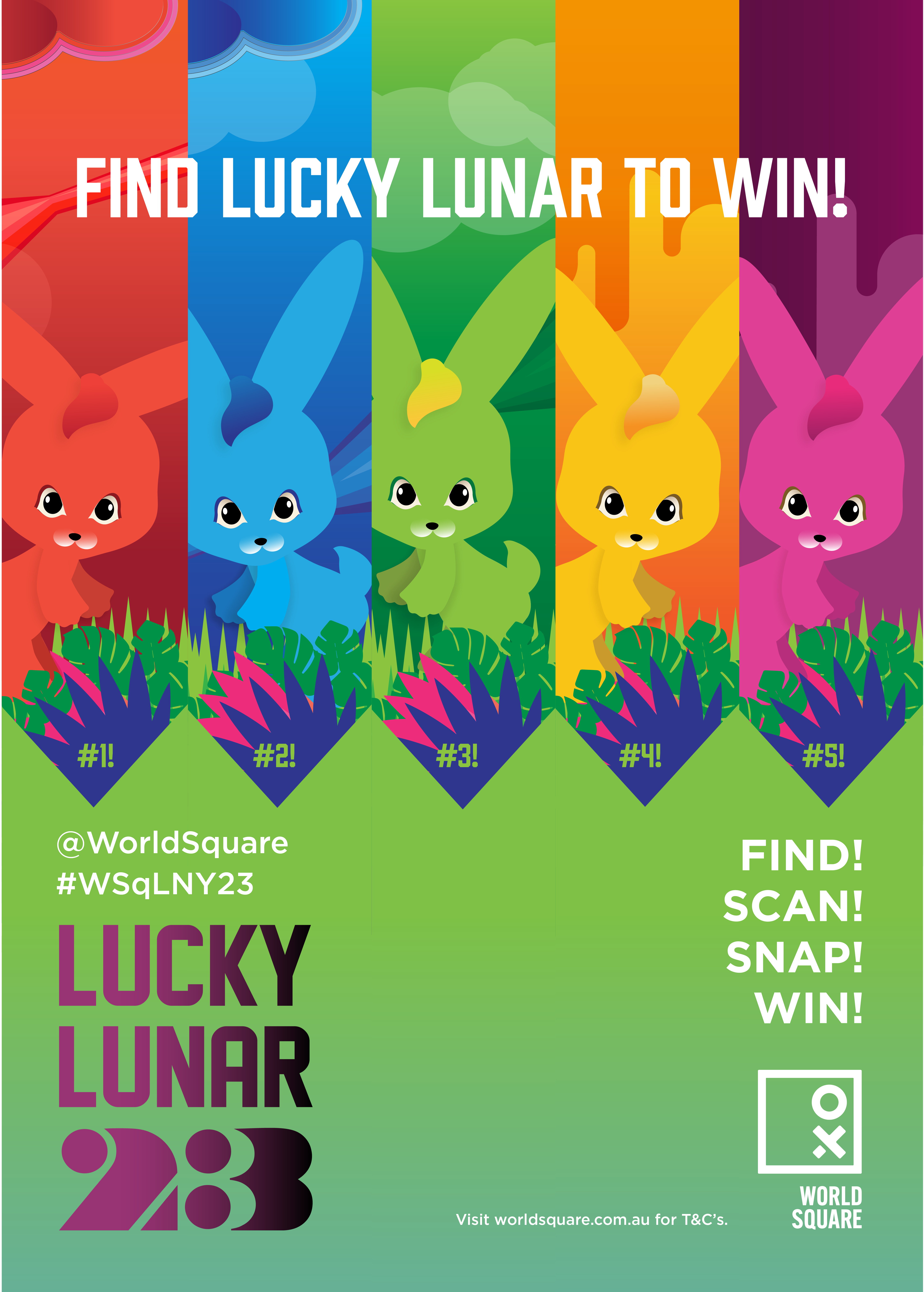 Digital art depicting 5 rabbits to promote the Lucky Lunar Lunar New Year experiential brand activation for World Square Sydney
