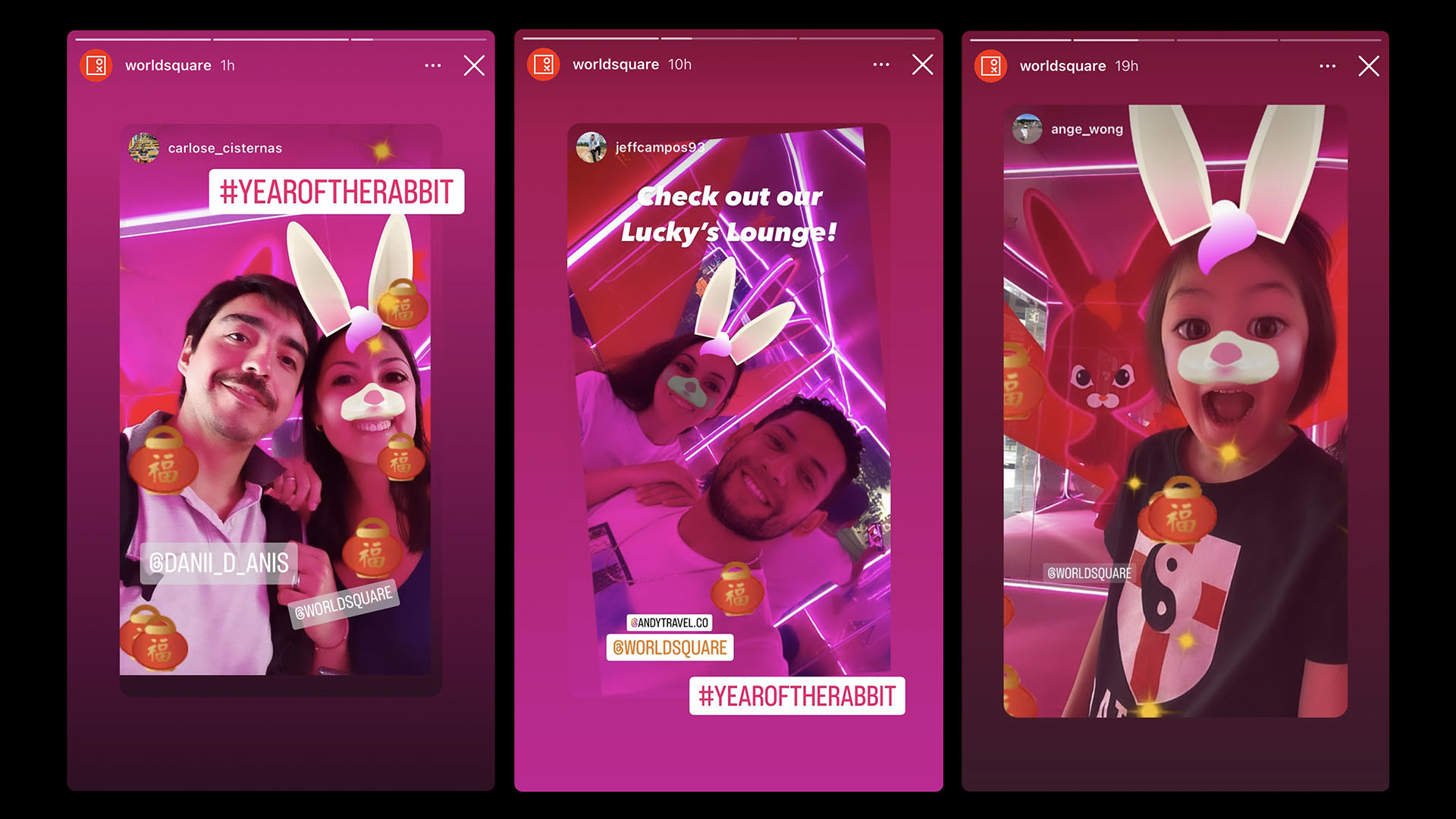 Screen shots of various people inside the Lucky Lunar experiential brand activation installation at World Square Sydney for Lunar New Year using a phone filter adorned with VFX rabbit faces