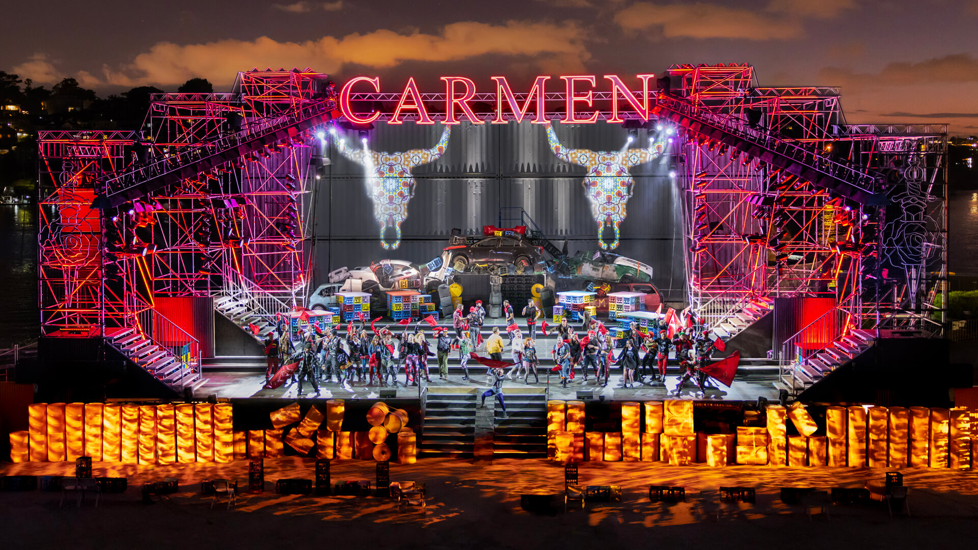 The stage of Carmen on Cockatoo Island featuring graphics by VANDAL