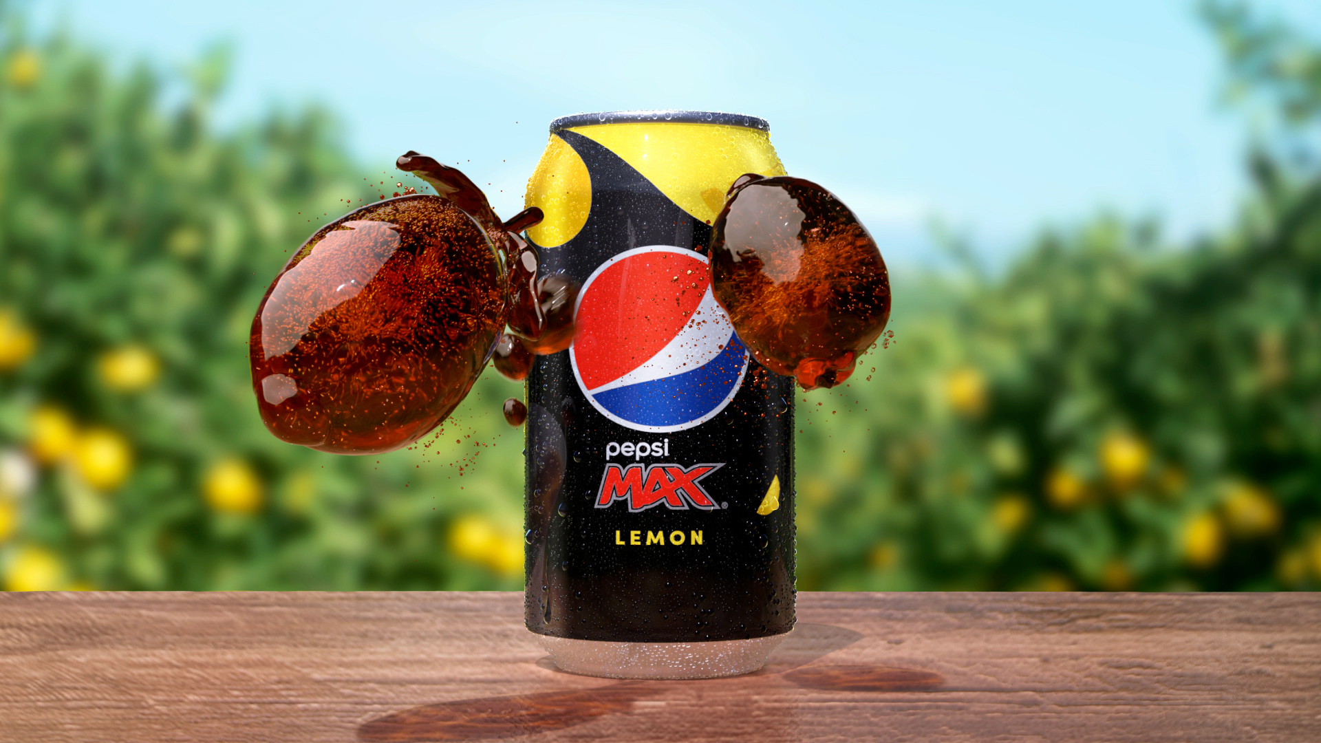 Still from Pepsi Max Lemon TVC featuring VFX animation lemon shaped Pepsi drops by VANDAL 