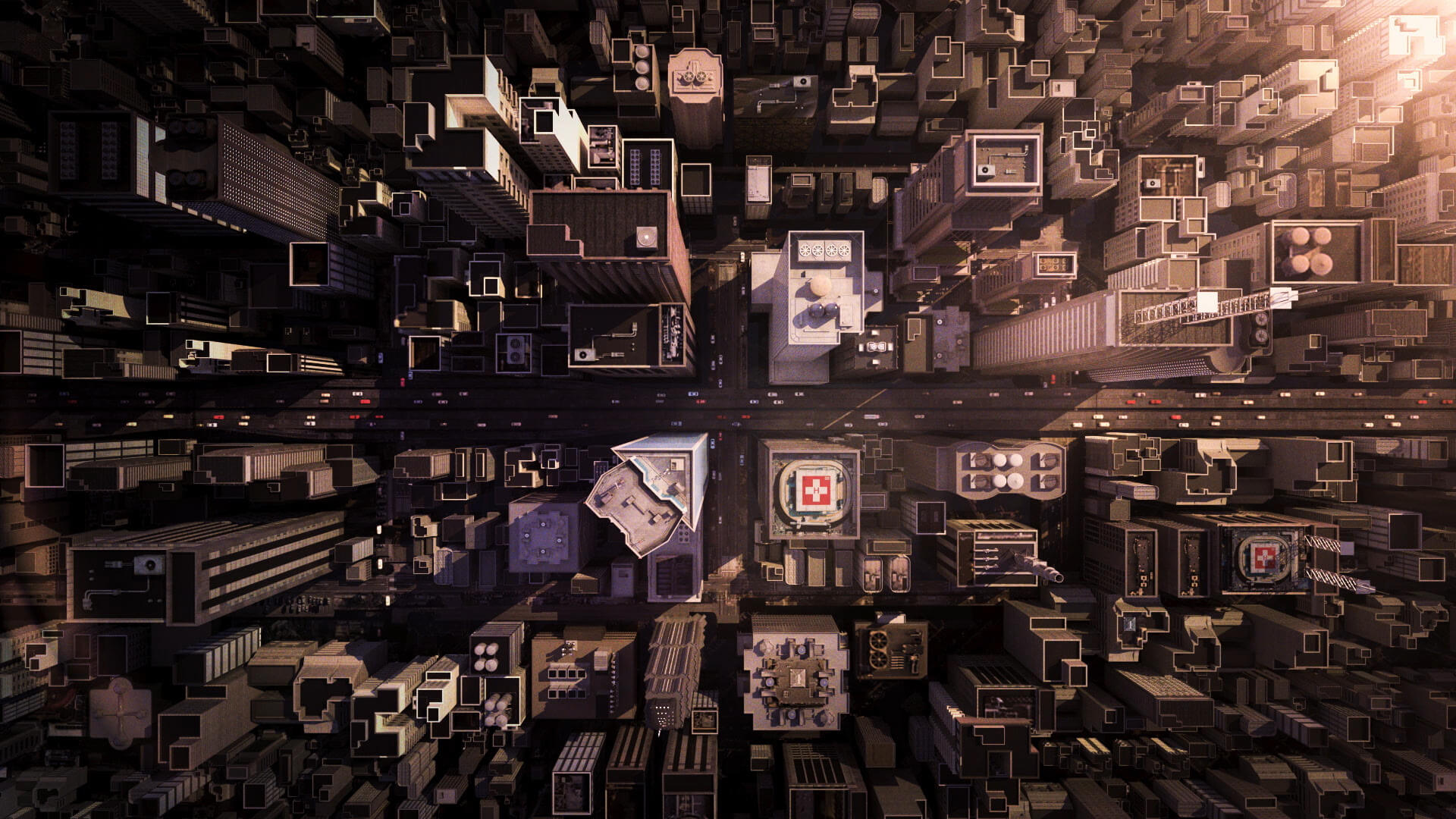 Still from Peraton TVC featuring arial views of a city scape created using VFX by VANDAL