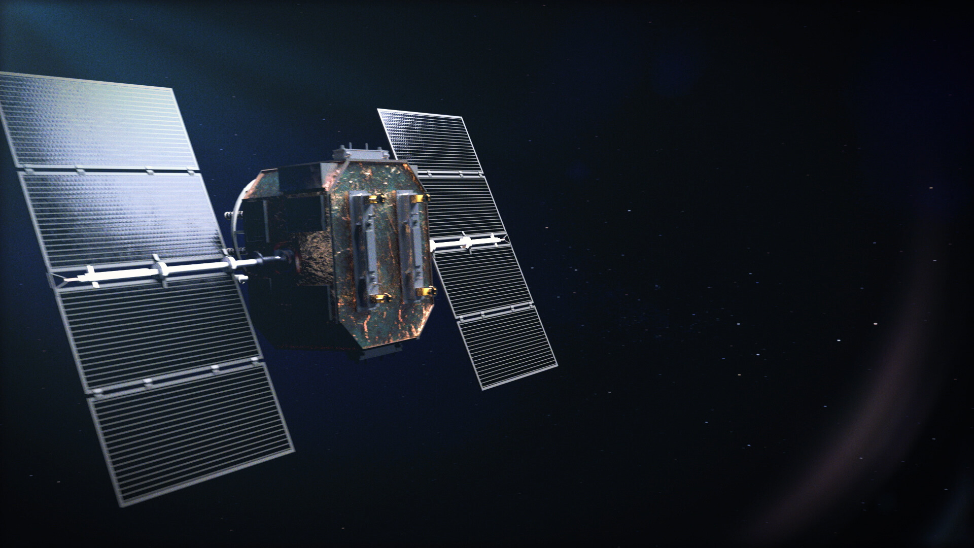 Still from Peraton TVC featuring an arial view of a satellite floating in space created using VFX by VANDAL
