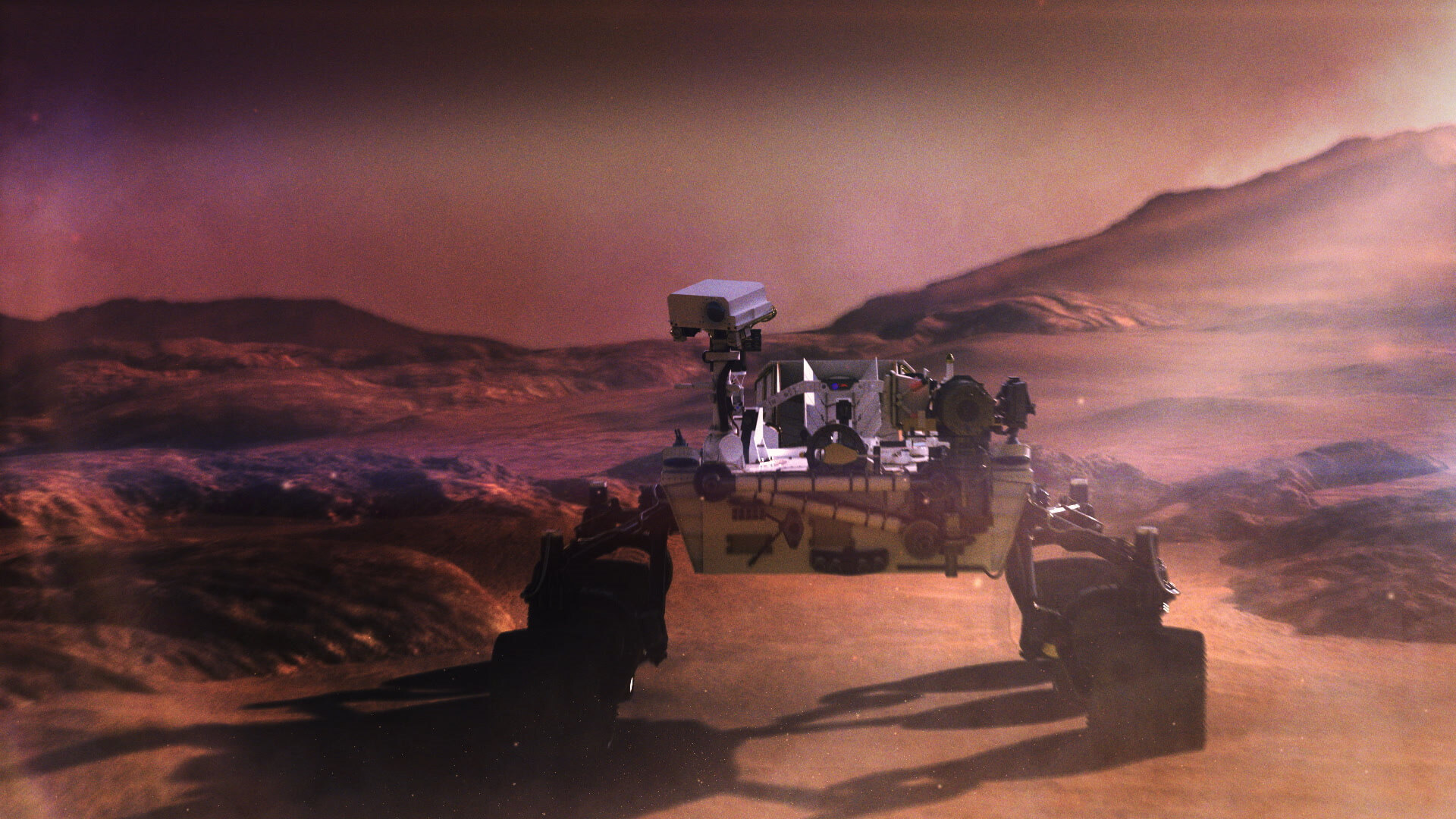 Still from Peraton TVC depicting a craft moving across land of another planet created using VFX by VANDAL