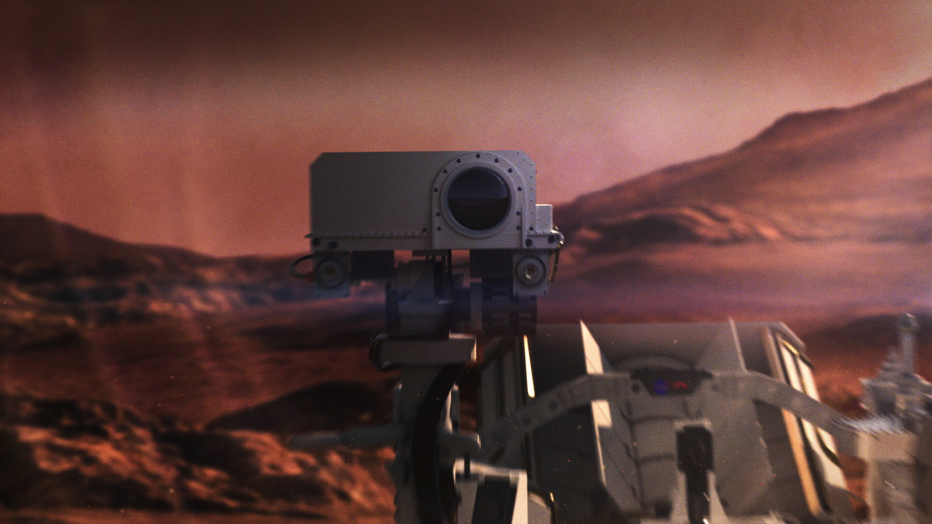 Still from Peraton TVC depicting the lens of a space explorer on another planet created using VFX by VANDAL