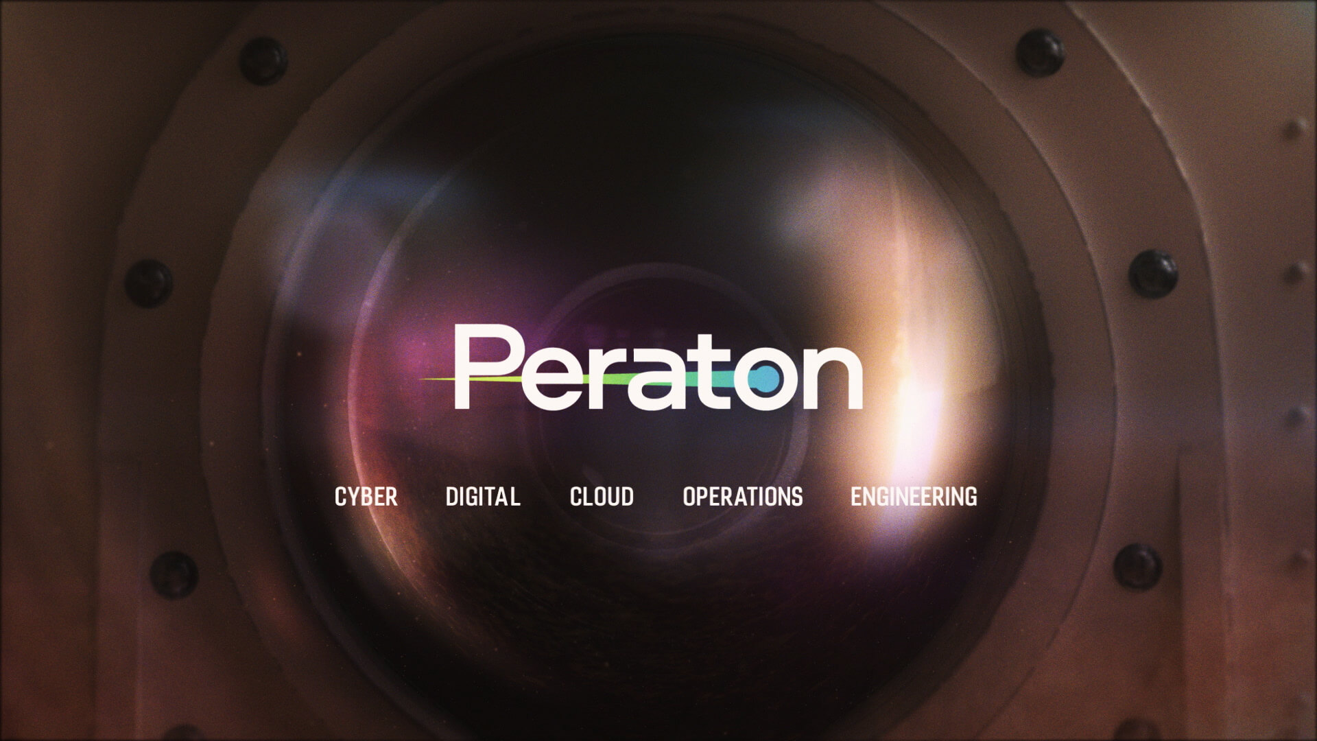 Still from Peraton TVC depicting the Peraton logo overlaid onto the window of a space craft created using VFX by VANDAL