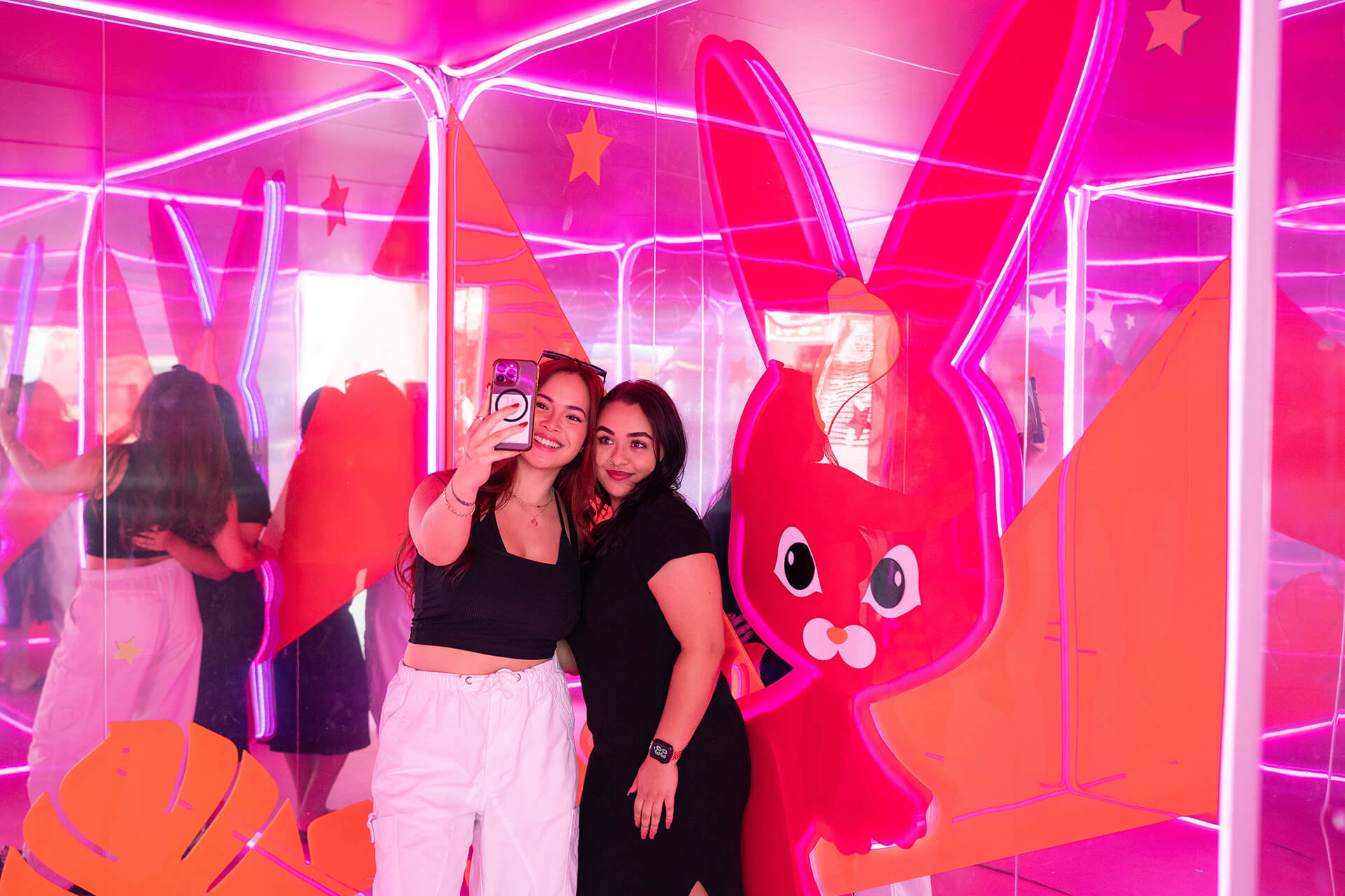 2 women taking a selfie inside the Lucky Lunar experiential brand activation installation at World Square Sydney for Lunar New Year