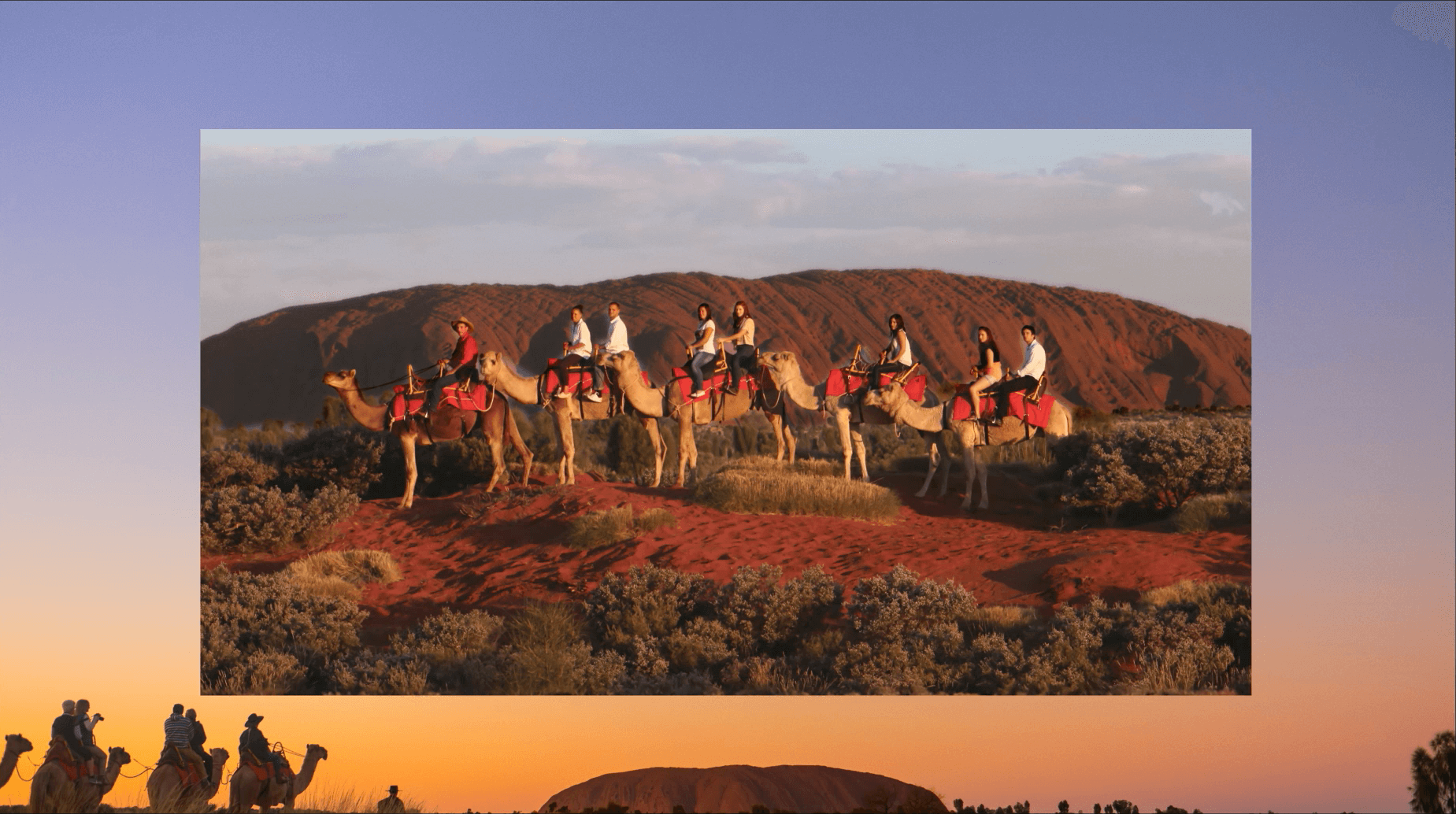 Voyages 'Just Wow' Uluru Ayers Rock Resort campaign featuring people riding camels in front of Uluru
