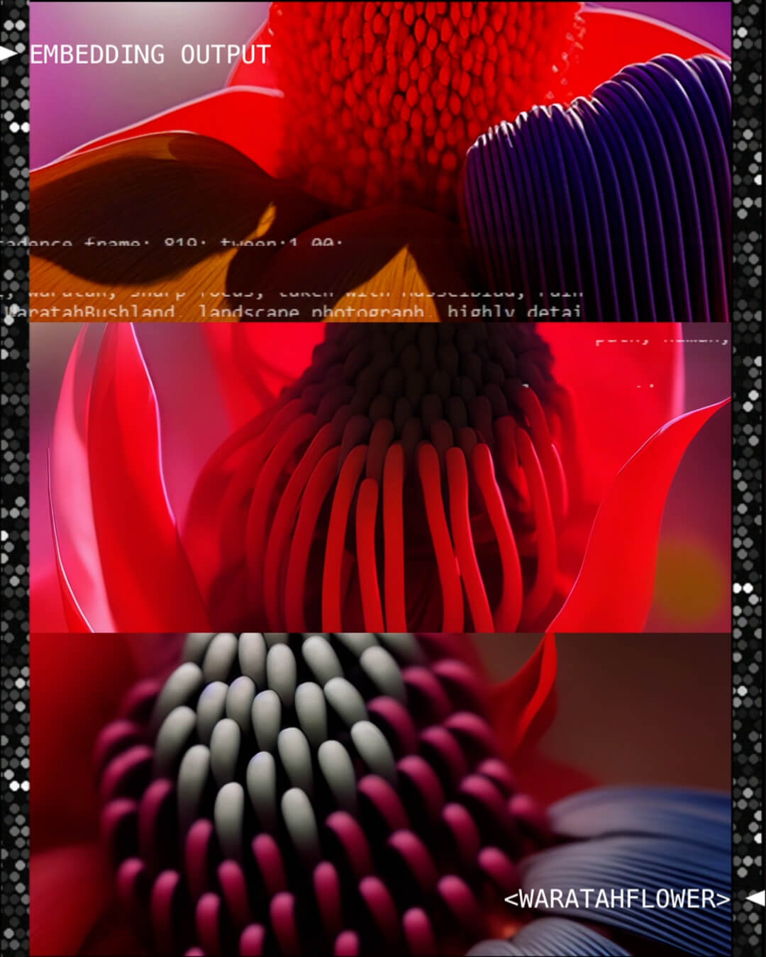 Collage depicting close-up of 300 hours of motion AI art commissioned by one of Australia's largest companies.