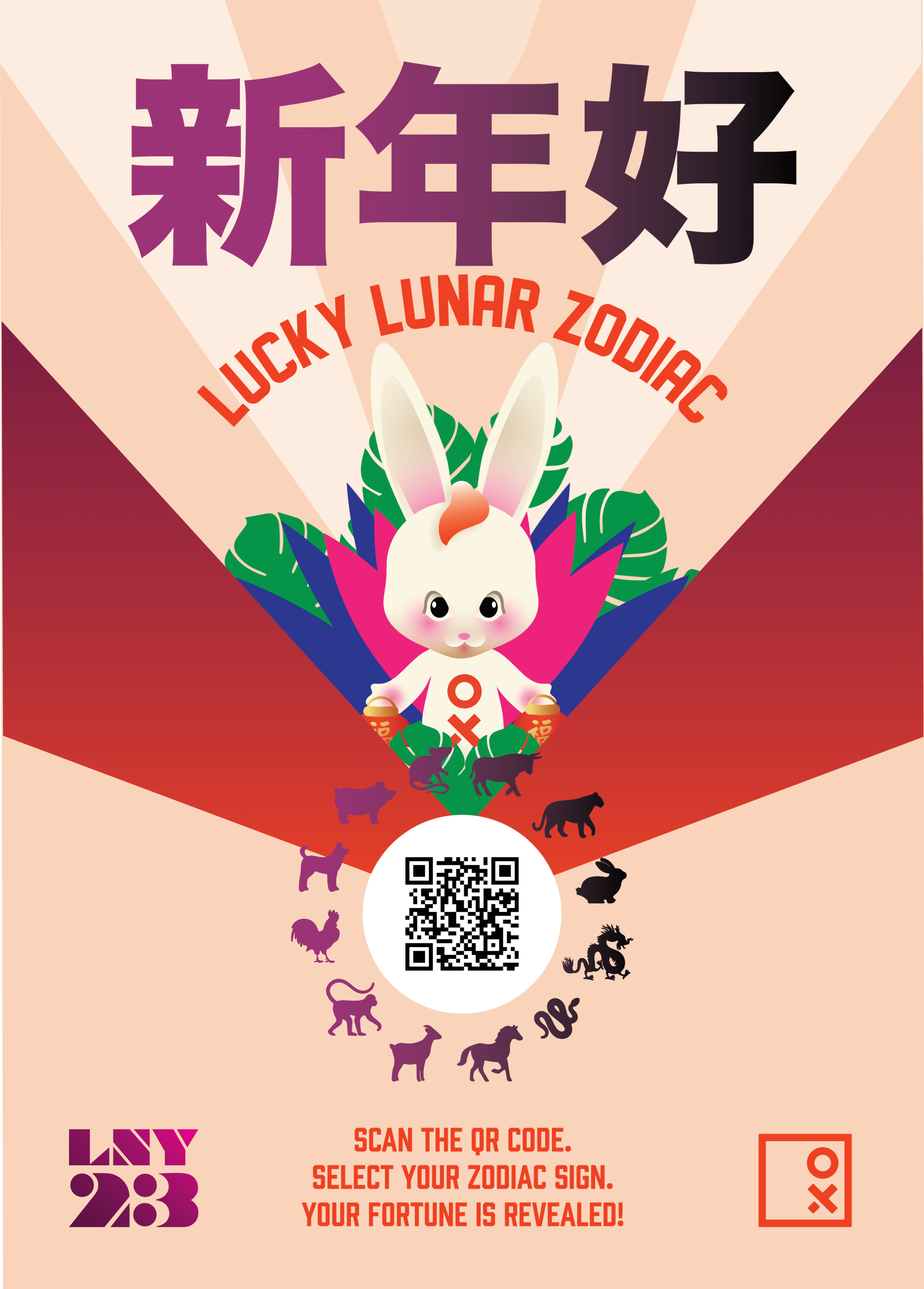 Digital art depicting an animated rabbit and scannable QR code to promote the Lucky Lunar Lunar New Year experiential brand activation for World Square Sydney