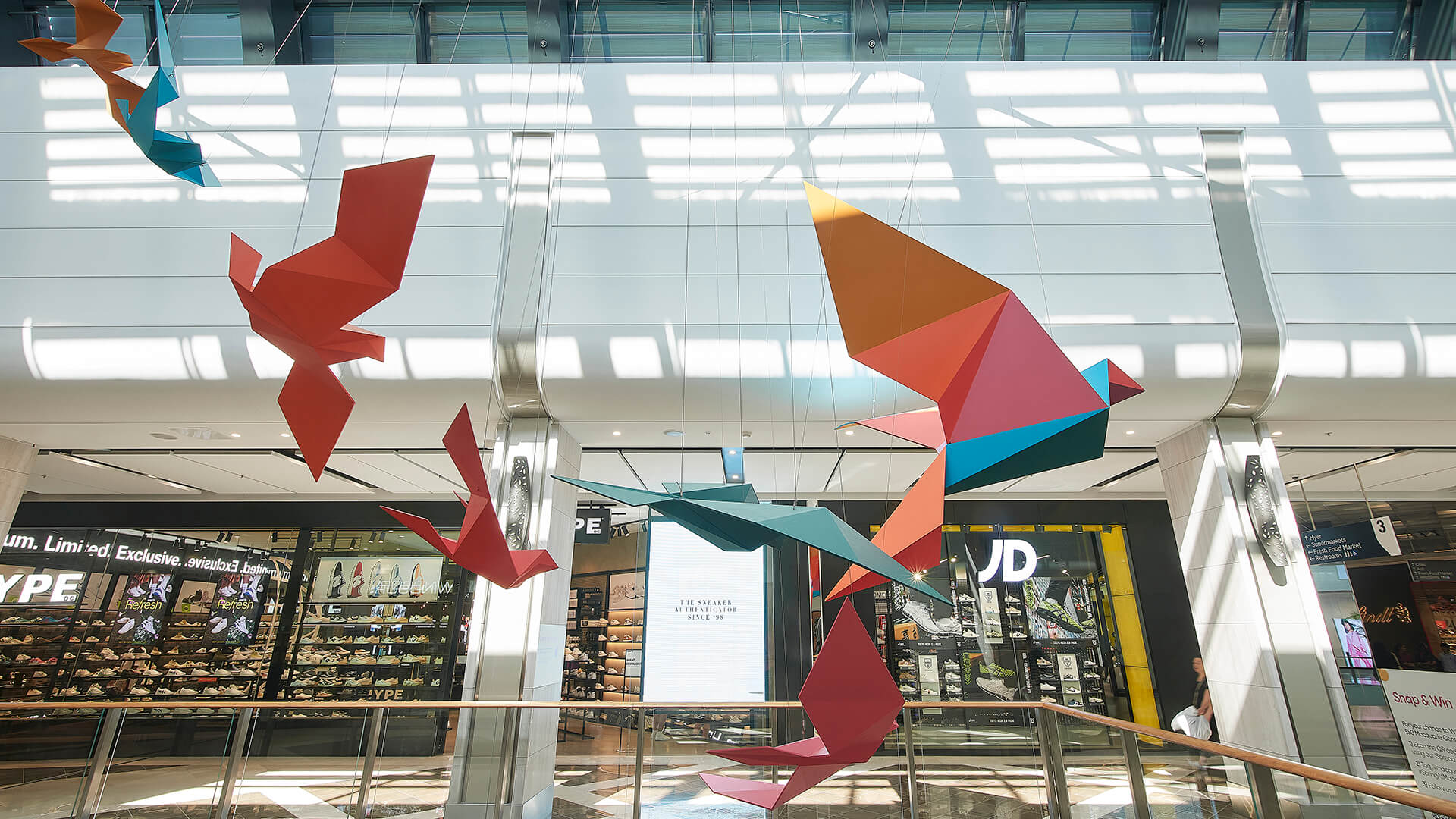 a VANDAL experiential brand activation featuring giant origami birds suspended from the ceiling of Macquarie Center