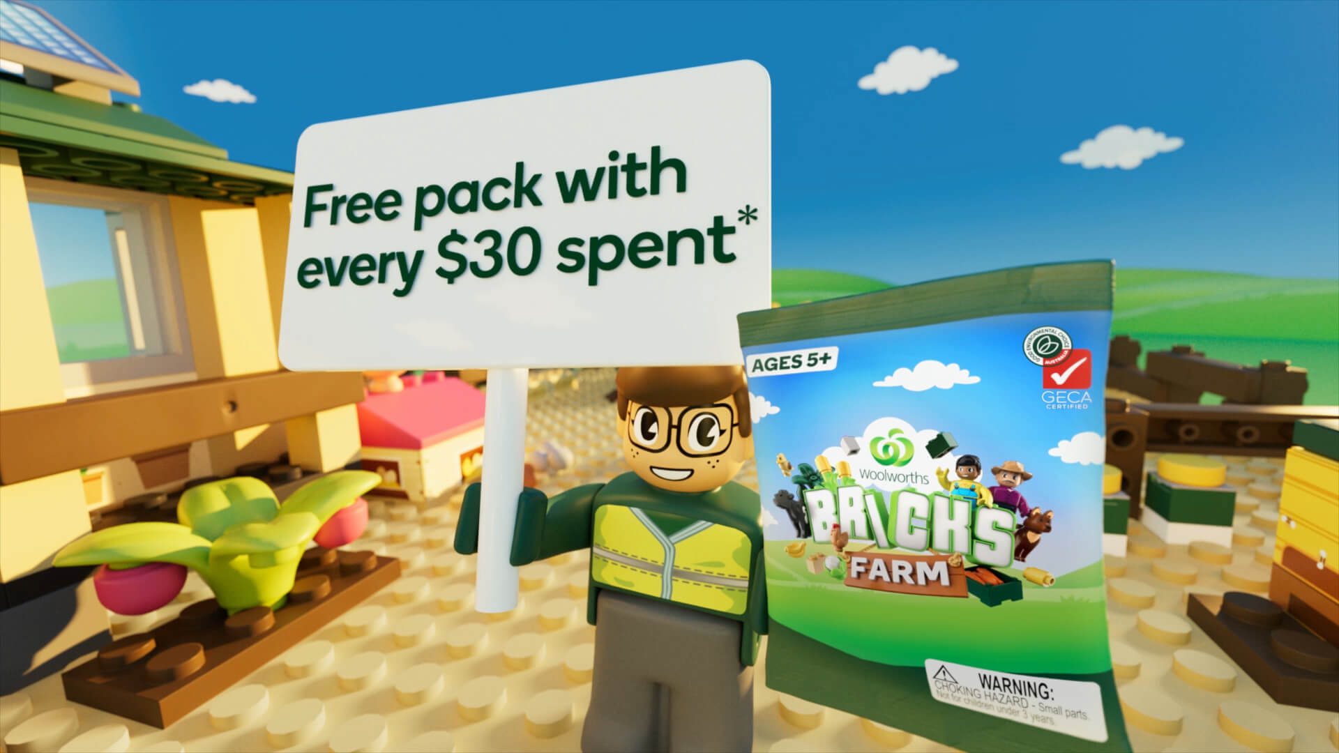 Image showing Woolworths Bricks Farm motion graphics animation frame with text saying free pack with every $30 spent.