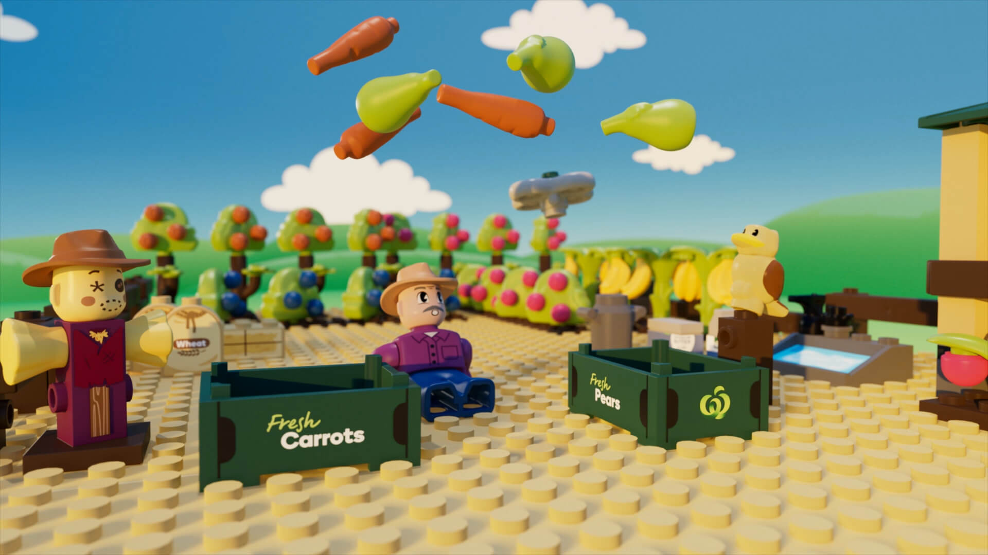 Image showing Woolworths Bricks Farm motion graphics animation frame of farmer and fresh carrots.
