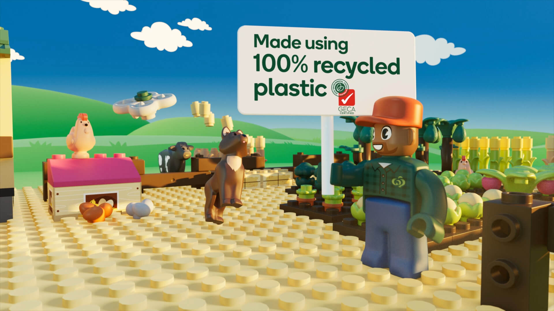 Image showing Woolworths Bricks Farm motion graphics animation frame with text saying it's made from 100% recycled plastic