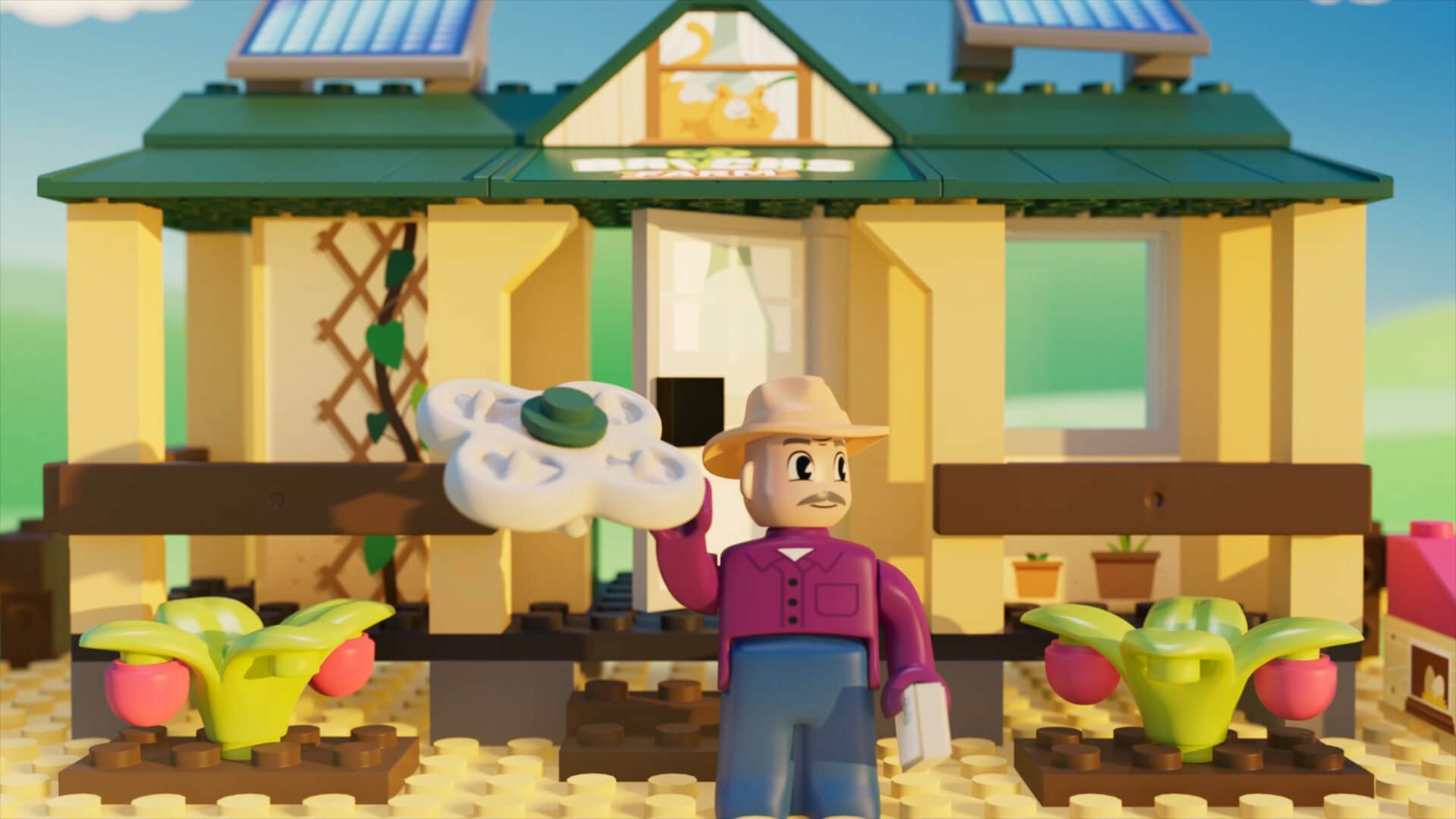 Image showing Woolworths Bricks Farm motion graphics animation frame of farmer and house.